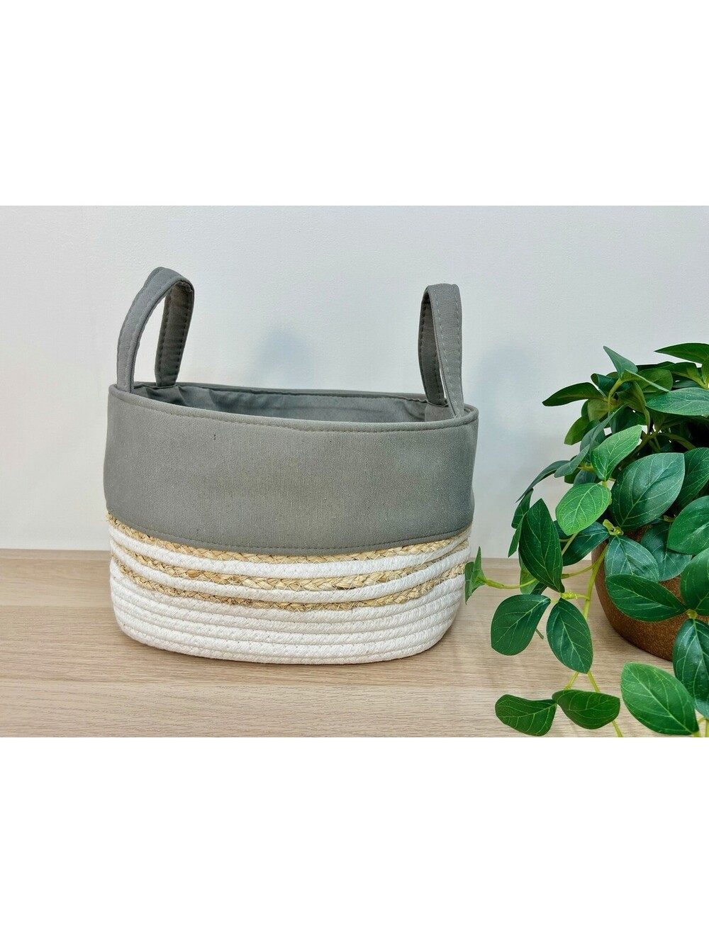 Modern Woven Rope Storage Basket Fabric Canvas Liner Grey White Jute Handles
